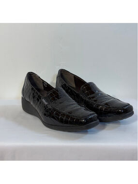 Mephisto Air-Jet Womens Black Patent Croc-Print Leather Dress Wedge Loafers US 9